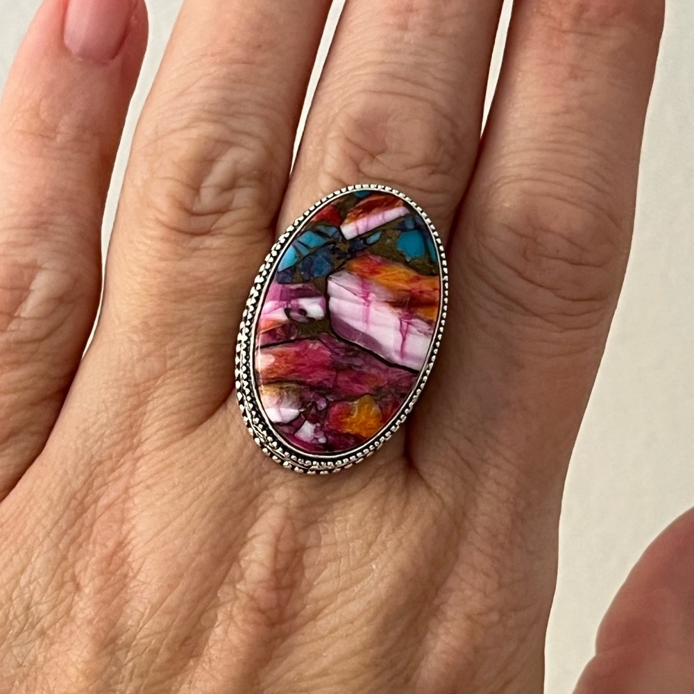 New 925 Stamped Silver Overlay Pink Dahlia Turquoise Gemstone Ring Size 9 - Picture 7 of 10